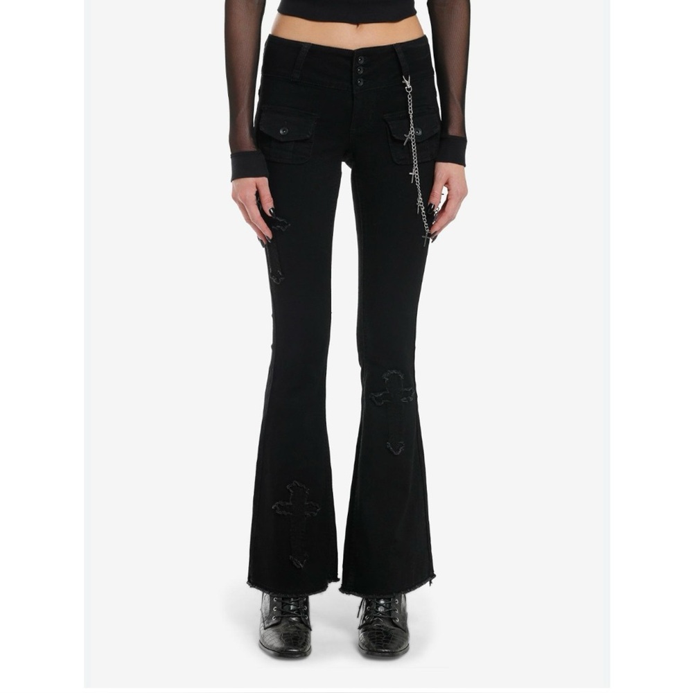 Hot Topic Black Cross Patch Side Chain Flare Pants Sz 3 Low Rise Gothic Stretch - Picture 2 of 16